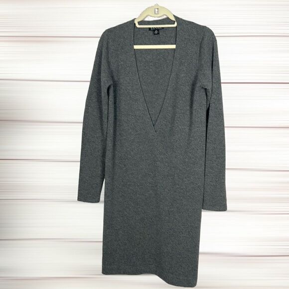 Karoo Mark Eisen Cashmere Gray Deep V-neck Sheath Sweater Dress sz 2, US S-M - Picture 1 of 15